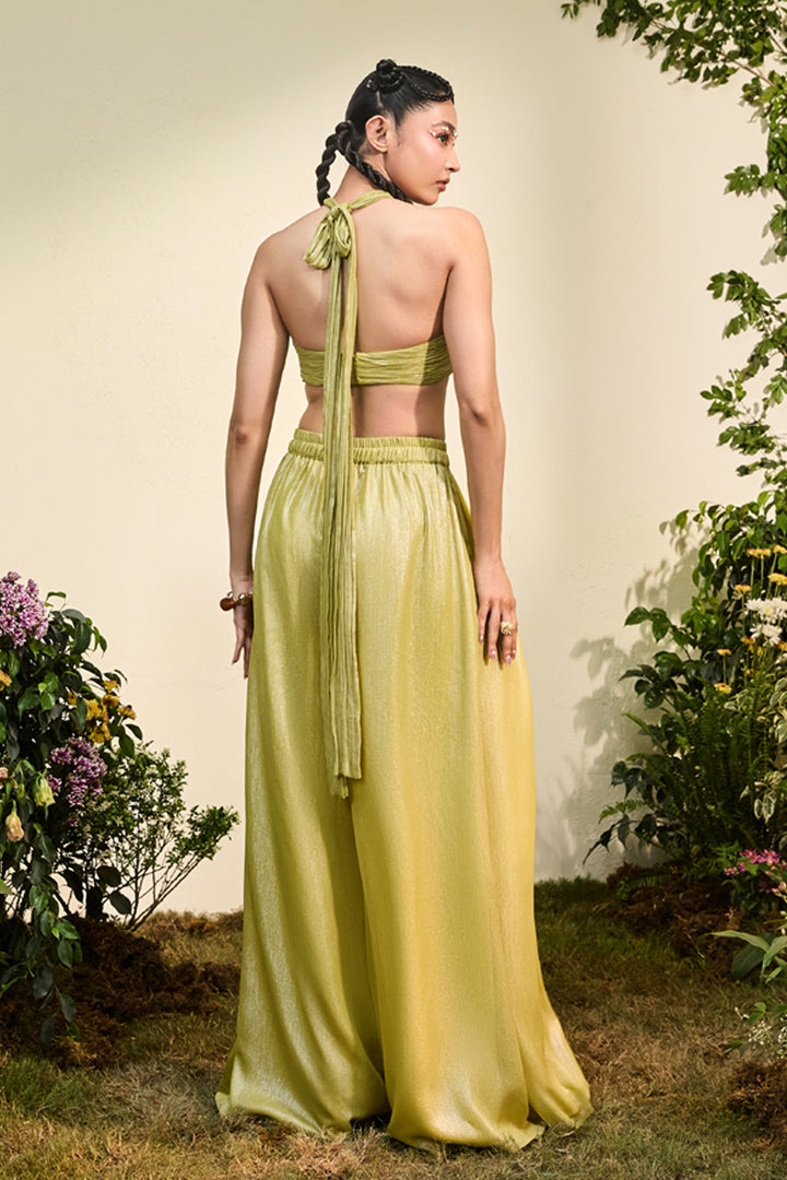 Lime Green Chiffon Anther Halter Blouse With Wide Legged Pants
