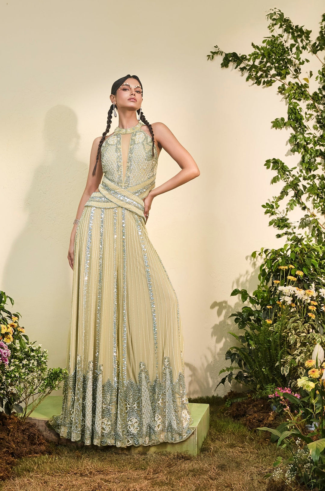 Celery Green Hand Embroidered Cutout Jumpsuit