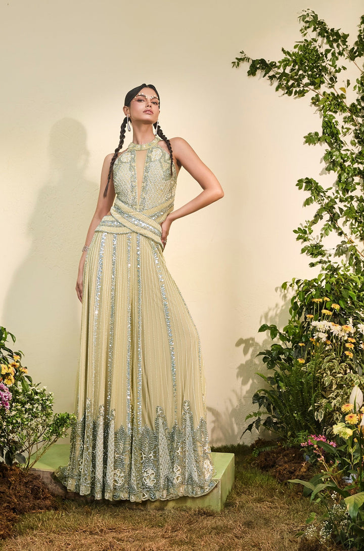Celery Green Hand Embroidered Cutout Jumpsuit