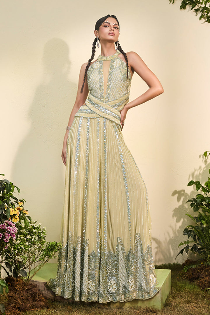 Celery Green Hand Embroidered Cutout Jumpsuit