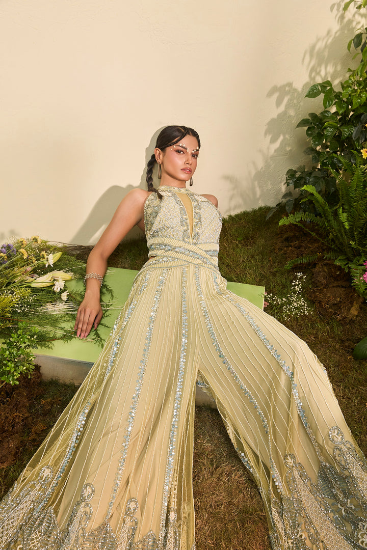 Celery Green Hand Embroidered Cutout Jumpsuit