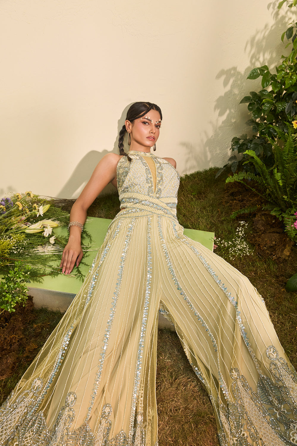 Celery Green Hand Embroidered Cutout Jumpsuit