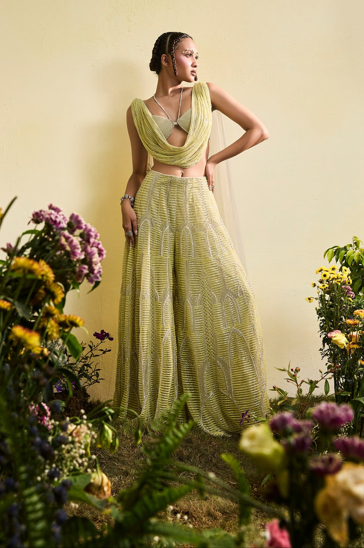 Mindaro Green Beaded Sharara With Cowl Halter Bralette