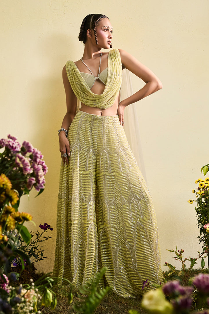 Mindaro Green Beaded Sharara With Cowl Halter Bralette