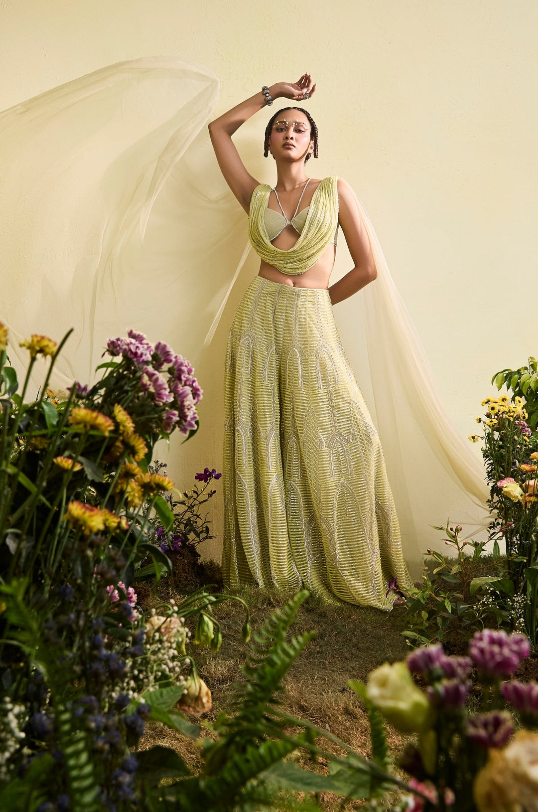 Mindaro Green Beaded Sharara With Cowl Halter Bralette