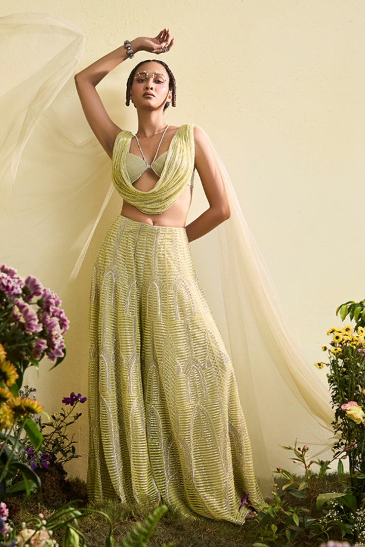 Mindaro Green Beaded Sharara With Cowl Halter Bralette