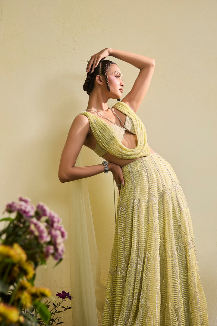Mindaro Green Beaded Sharara With Cowl Halter Bralette