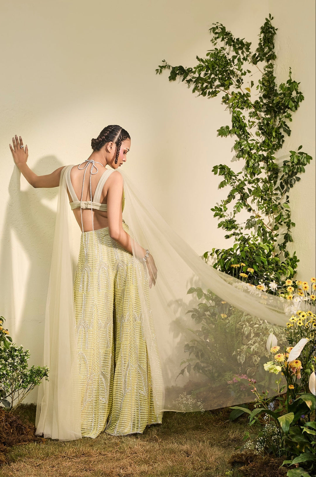 Mindaro Green Beaded Sharara With Cowl Halter Bralette
