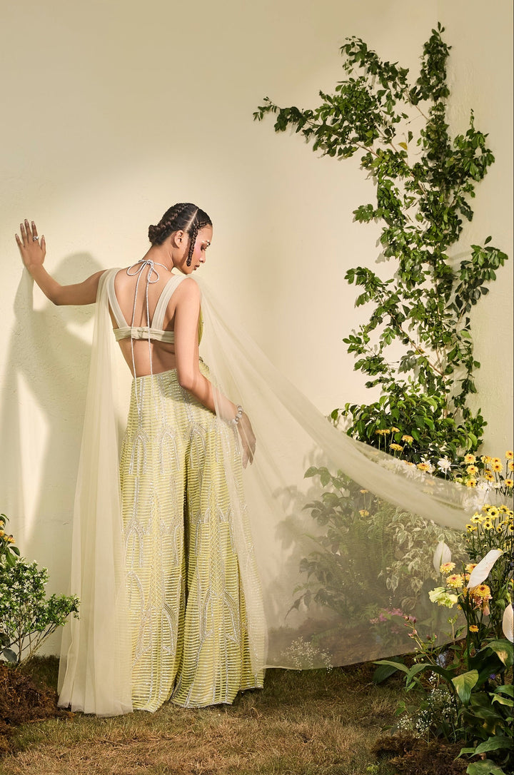 Mindaro Green Beaded Sharara With Cowl Halter Bralette