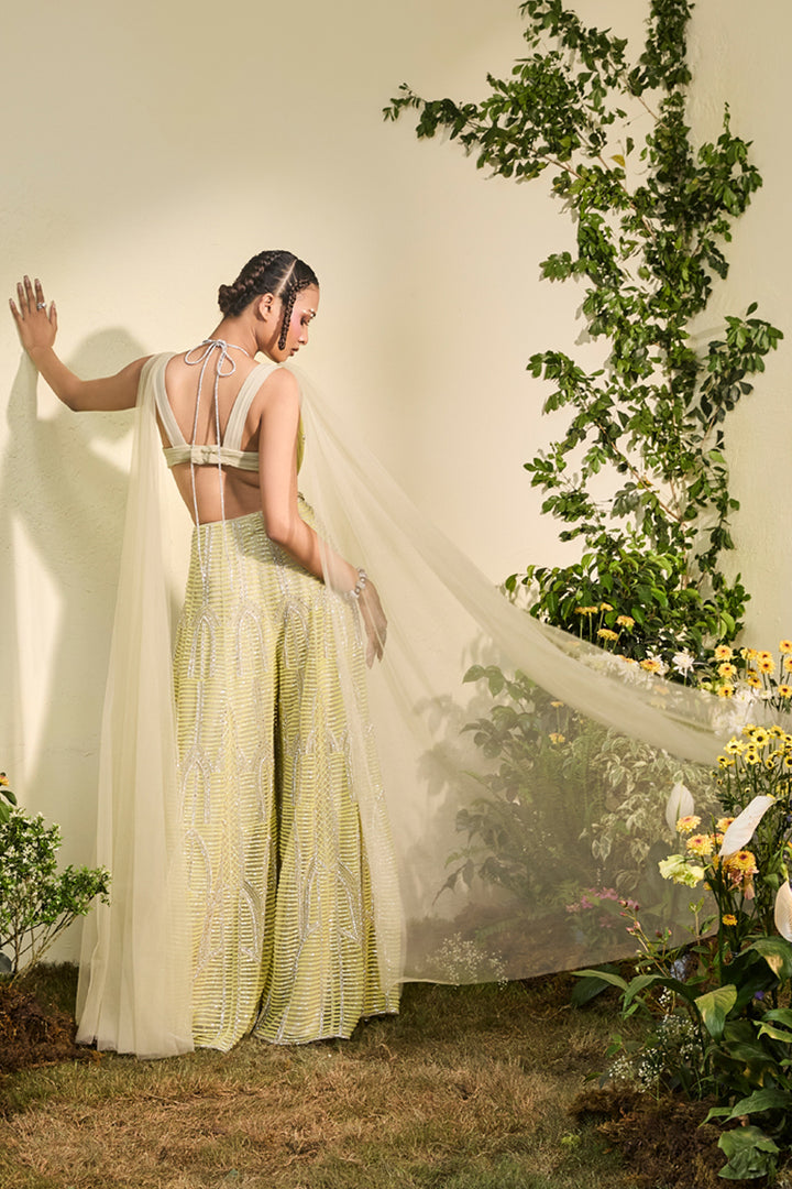 Mindaro Green Beaded Sharara With Cowl Halter Bralette