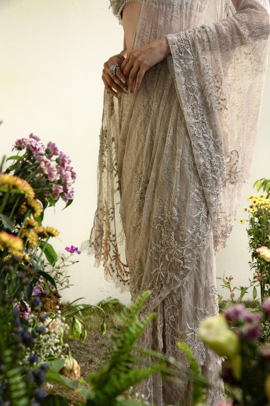 Nude Lace Draped Saree With Beaded Blouse (Pre-stitched)