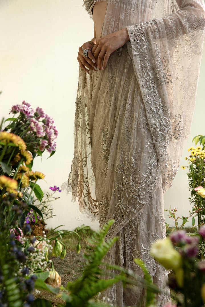 Nude Lace Draped Saree With Beaded Blouse (Pre-stitched)