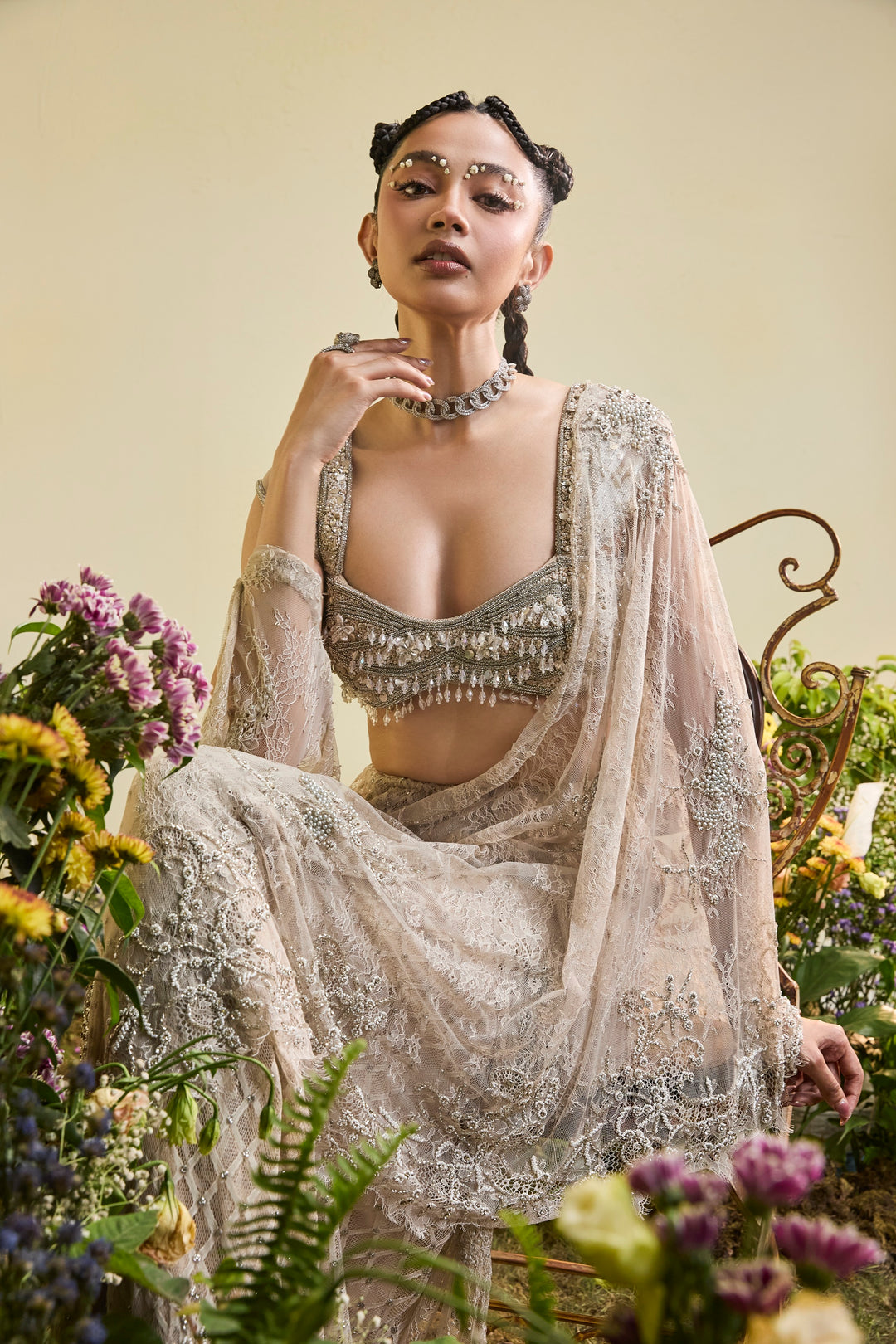 Nude Lace Draped Saree With Beaded Blouse (Pre-stitched)