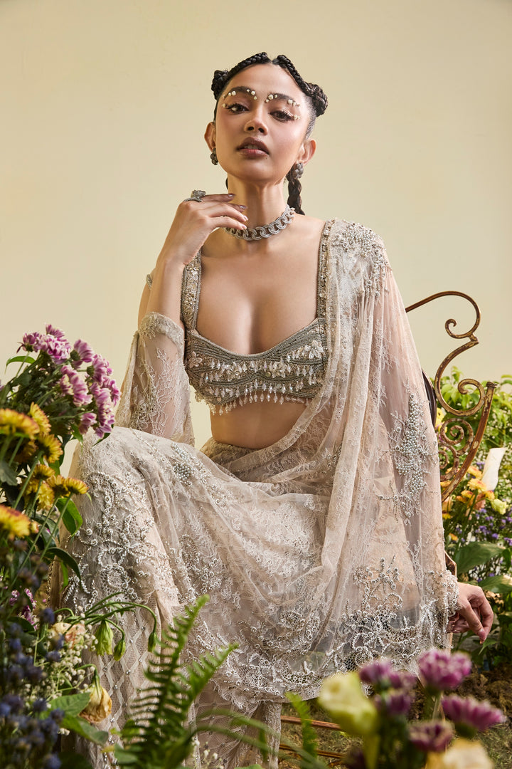Nude Lace Draped Saree With Beaded Blouse (Pre-stitched)