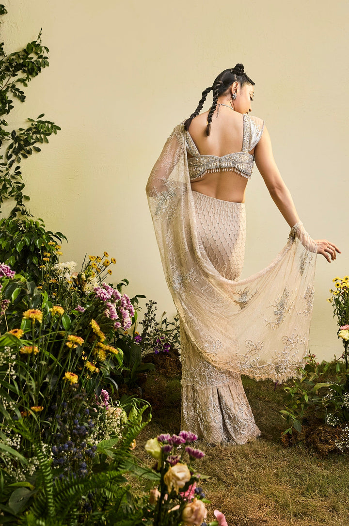 Nude Lace Draped Saree With Beaded Blouse (Pre-stitched)