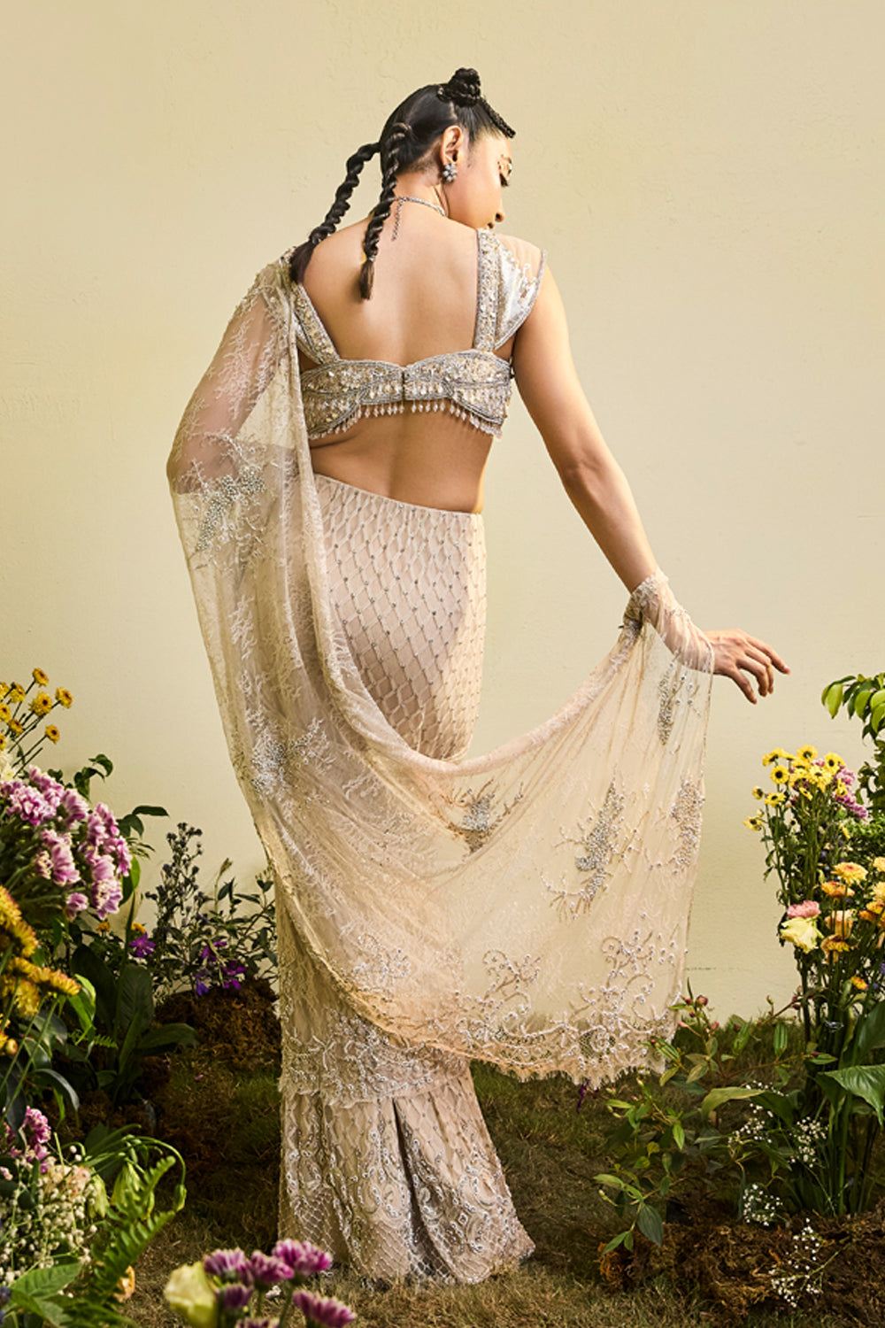 Nude Lace Draped Saree With Beaded Blouse (Pre-stitched)
