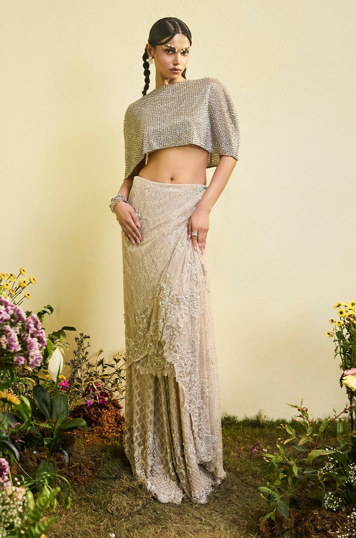 Nude Lace Draped Skirt With Embellished Cape