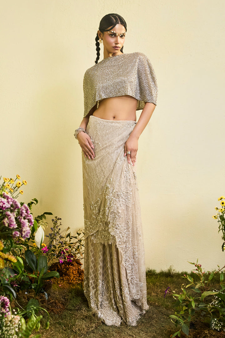 Nude Lace Draped Skirt With Embellished Cape