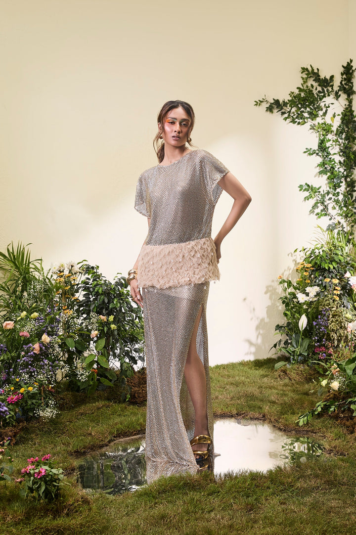 Gold Rhinestone Top & Slit Skirt Co-ord Set With Smocked Detail
