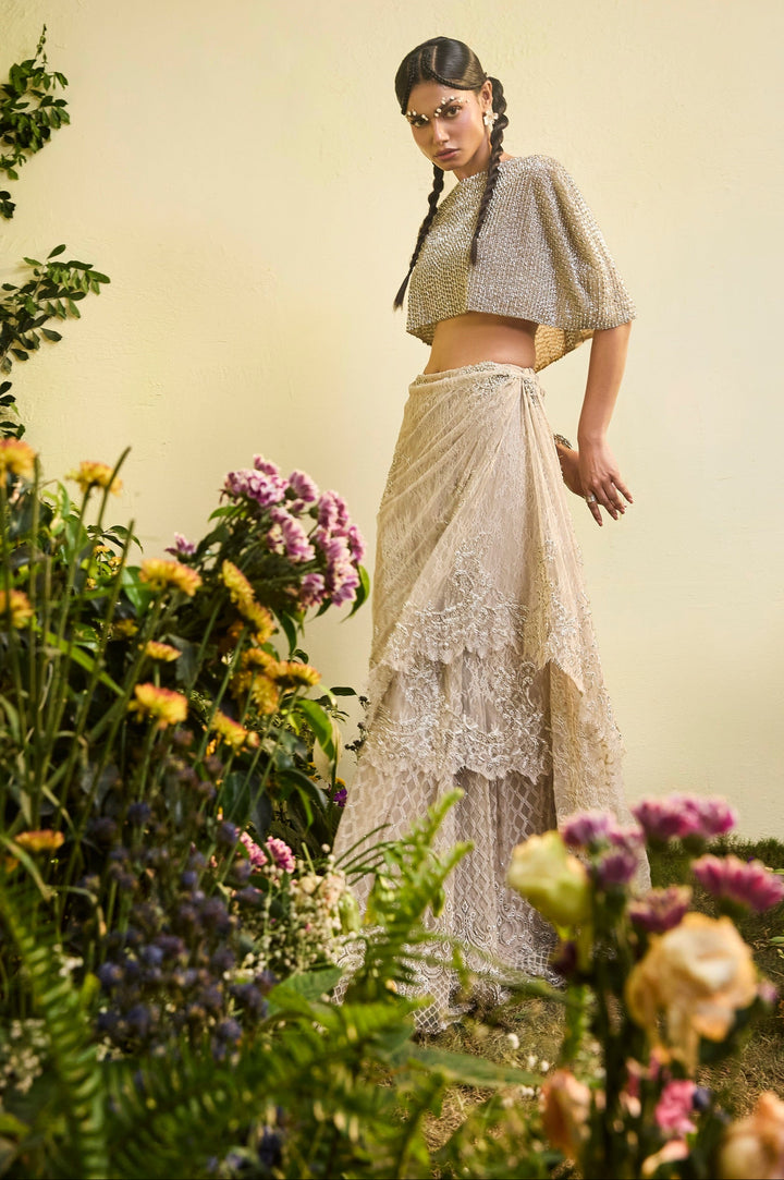 Nude Lace Draped Skirt With Embellished Cape