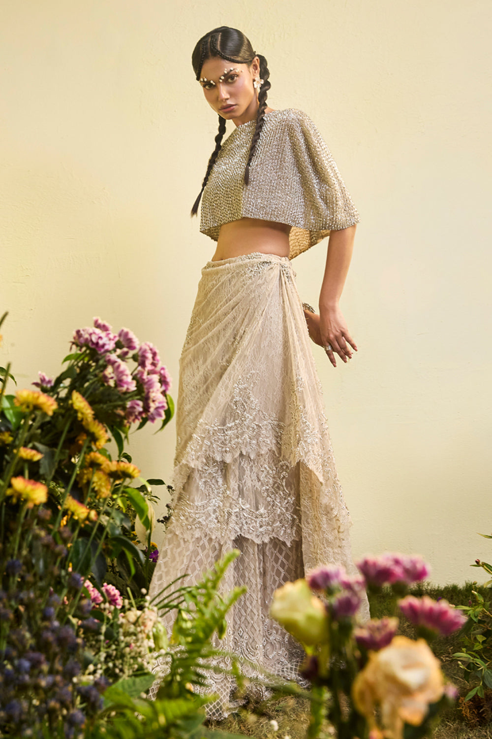 Nude Lace Draped Skirt With Embellished Cape