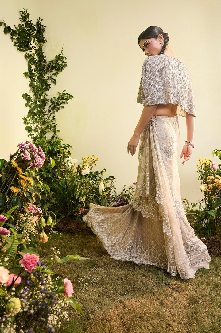 Nude Lace Draped Skirt With Embellished Cape