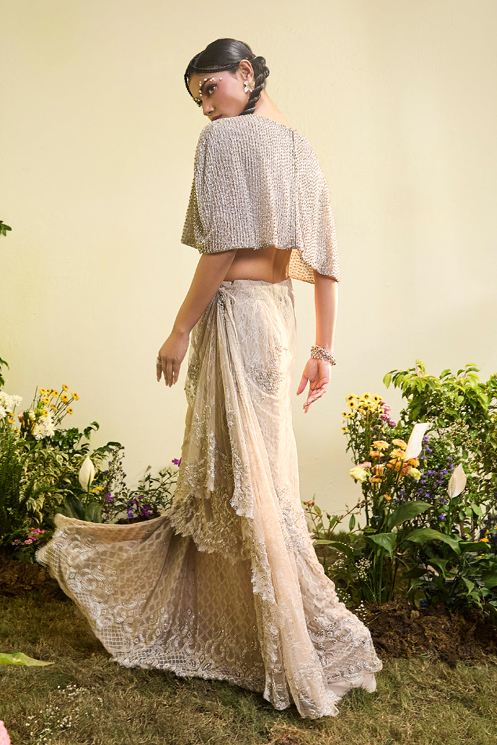 Nude Lace Draped Skirt With Embellished Cape