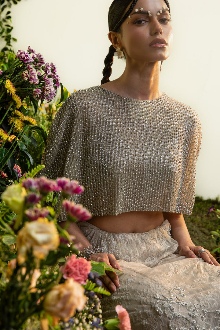 Nude Lace Draped Skirt With Embellished Cape