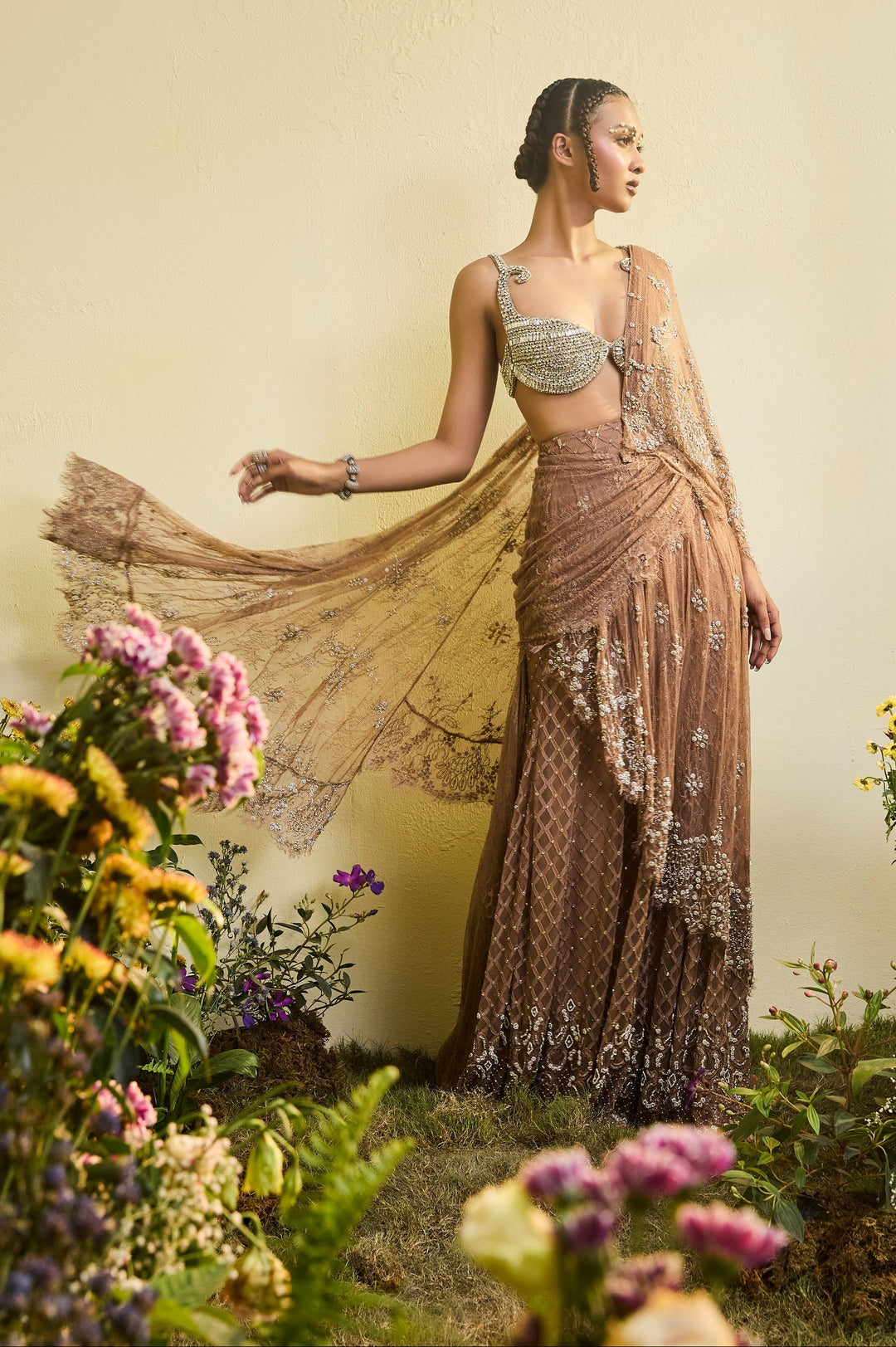 Coffee Brown Lace Sari With Detachable Drape And Crystal Bralette (Pre-stitched)