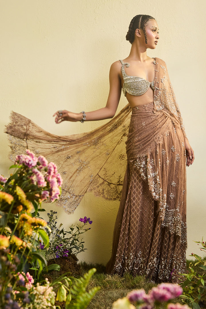 Coffee Brown Lace Sari With Detachable Drape And Crystal Bralette (Pre-stitched)