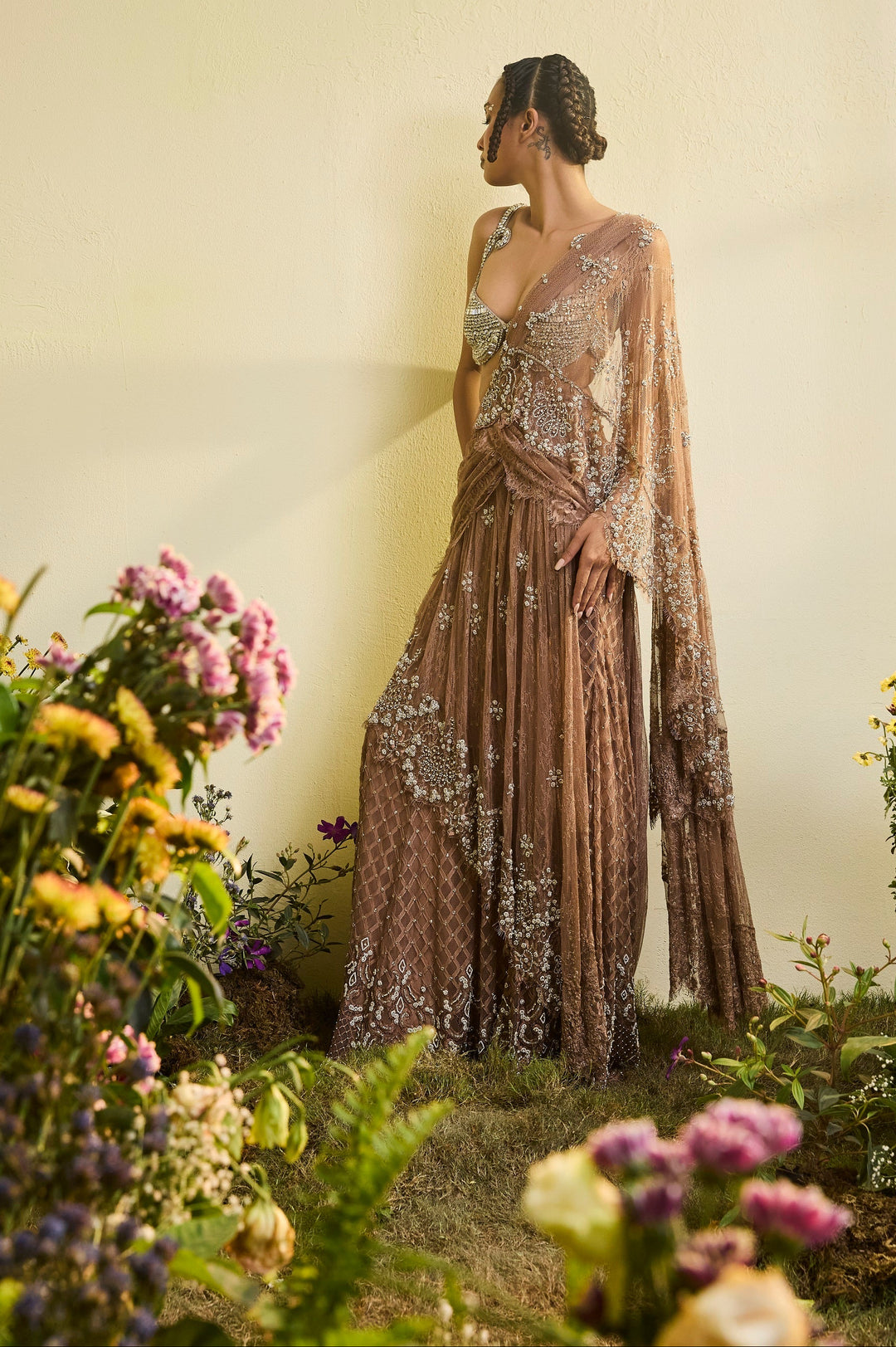 Coffee Brown Lace Sari With Detachable Drape And Crystal Bralette (Pre-stitched)