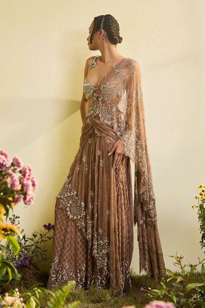 Coffee Brown Lace Sari With Detachable Drape And Crystal Bralette (Pre-stitched)