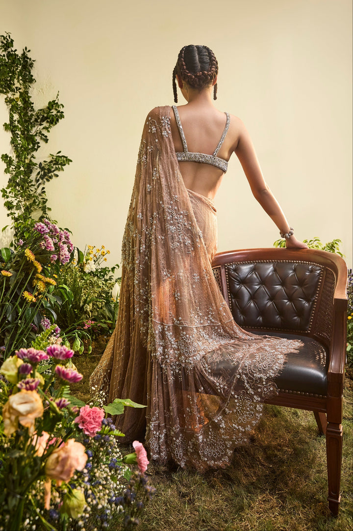 Coffee Brown Lace Sari With Detachable Drape And Crystal Bralette (Pre-stitched)