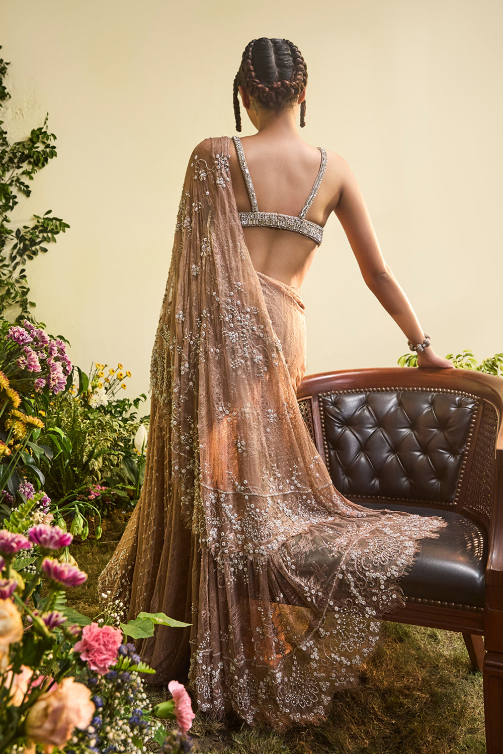 Coffee Brown Lace Sari With Detachable Drape And Crystal Bralette (Pre-stitched)
