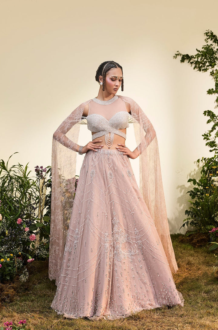 Old Rose Crystal Lehenga With Beaded Blouse