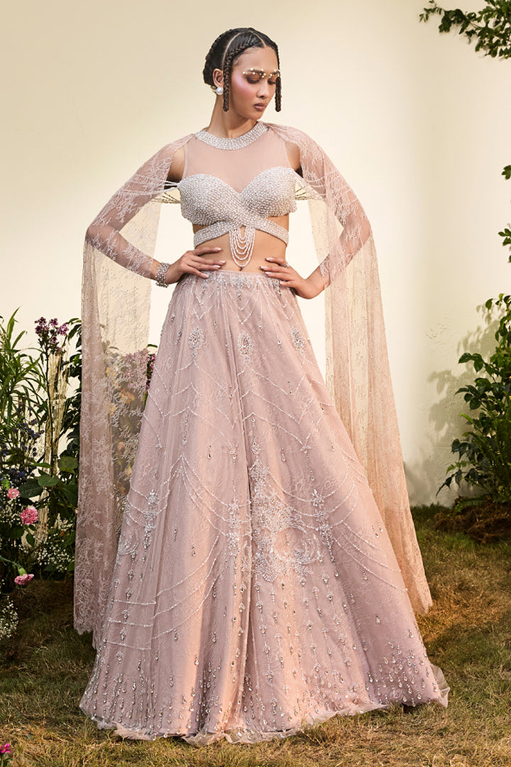 Old Rose Crystal Lehenga With Beaded Blouse
