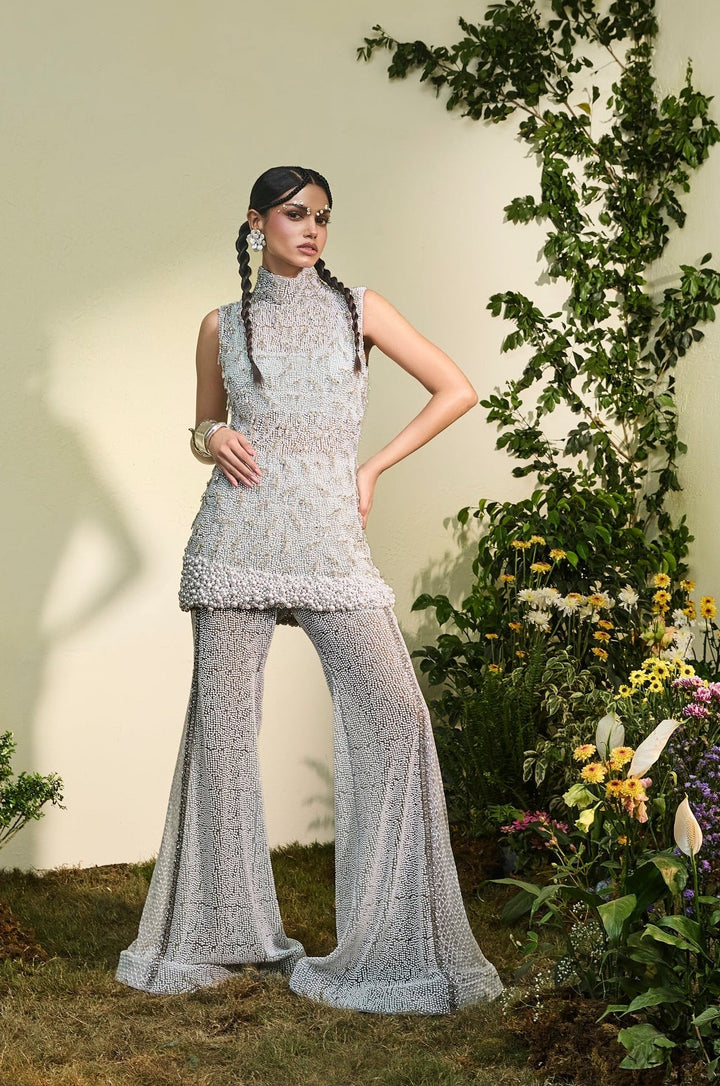 Powder Blue Pearl Embellished Co-ord Pant Set