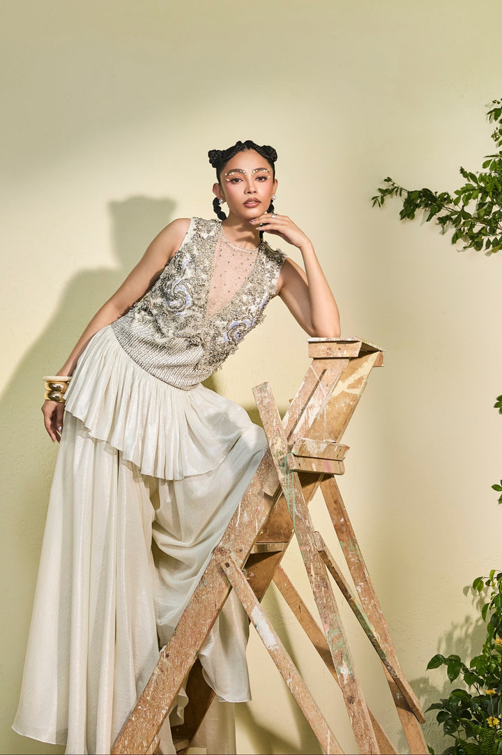 Embellished Ivory Chiffon Tunic With Wide Legged Sharara
