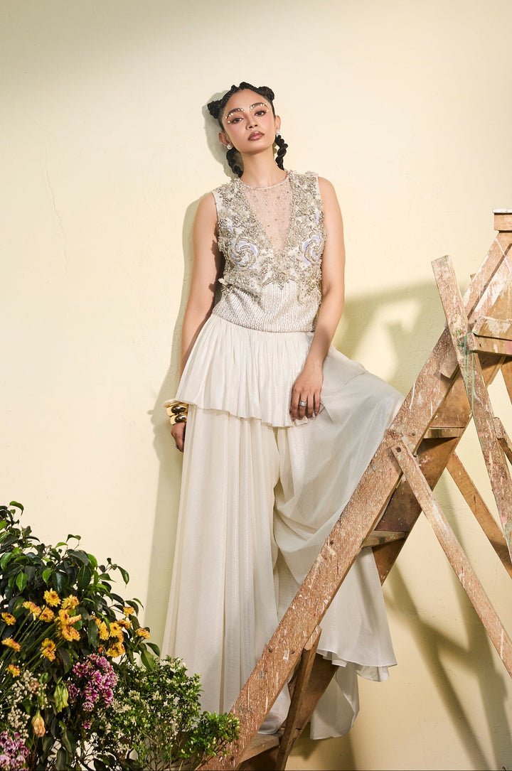 Embellished Ivory Chiffon Tunic With Wide Legged Sharara