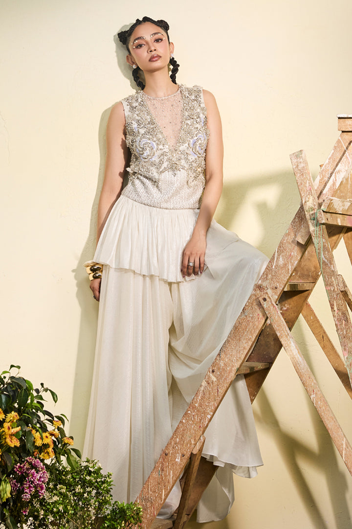 Embellished Ivory Chiffon Tunic With Wide Legged Sharara