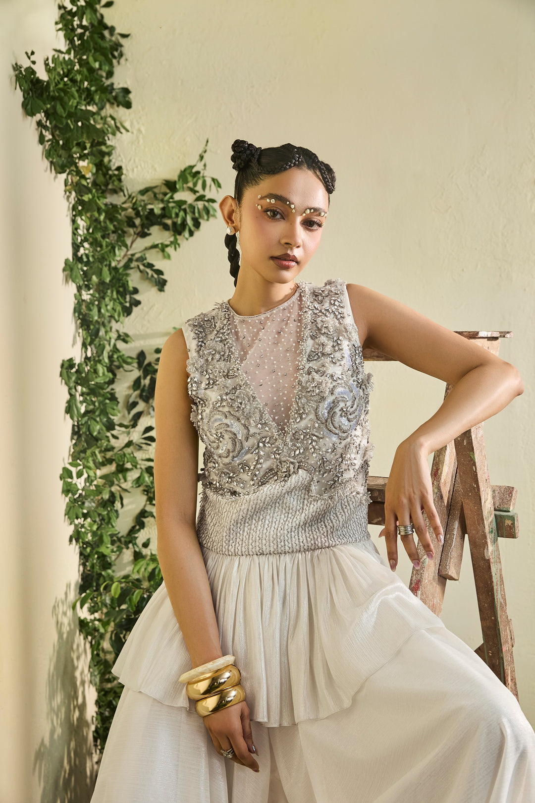 Embellished Ivory Chiffon Tunic With Wide Legged Sharara