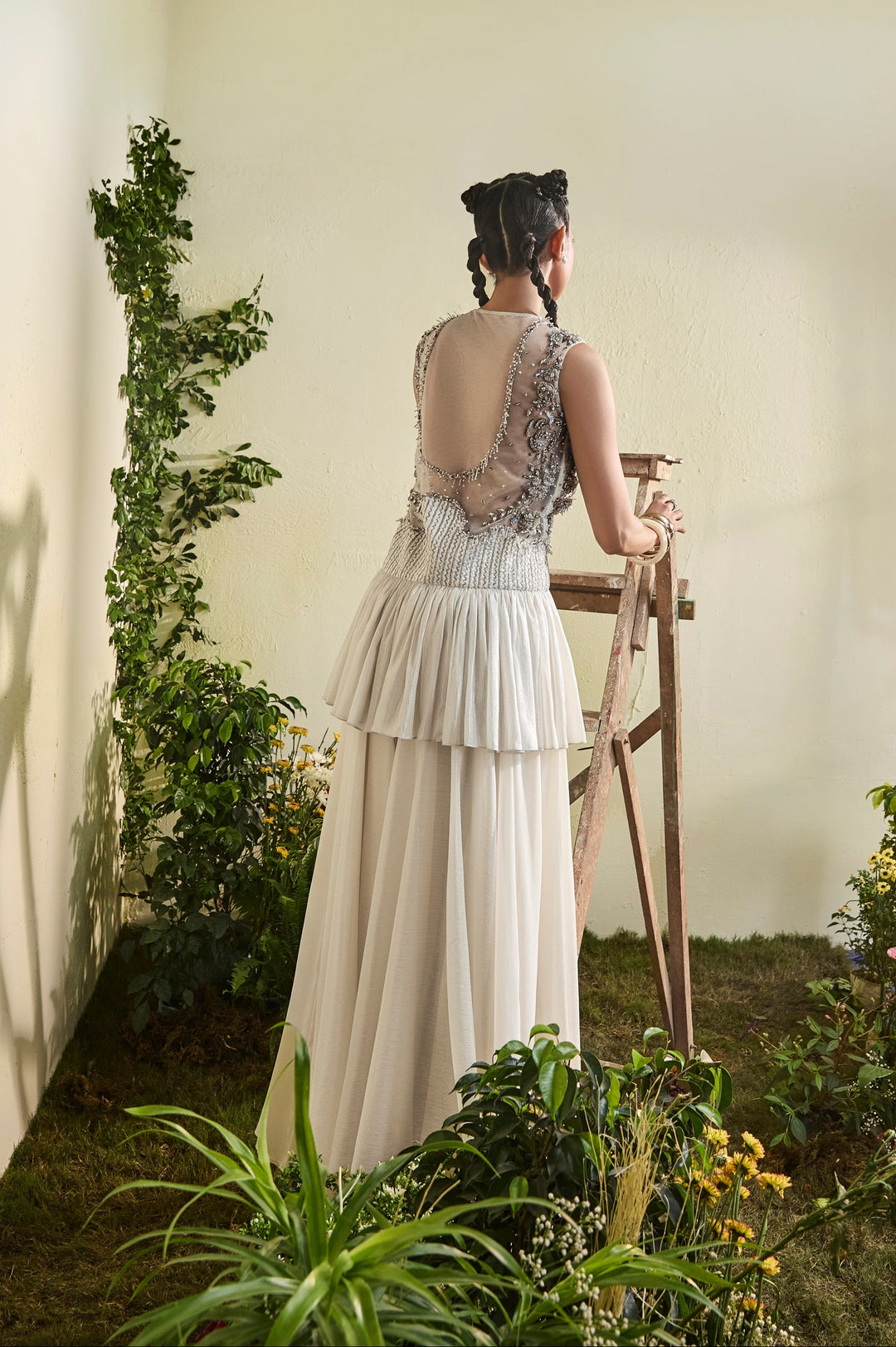 Embellished Ivory Chiffon Tunic With Wide Legged Sharara