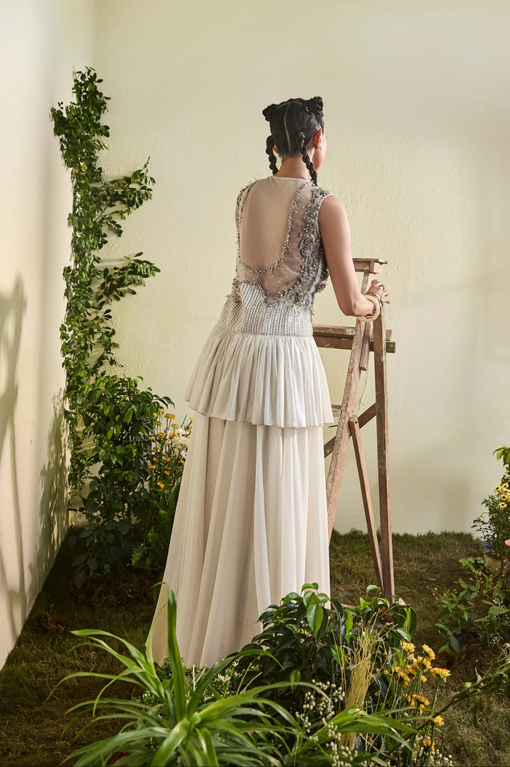 Embellished Ivory Chiffon Tunic With Wide Legged Sharara