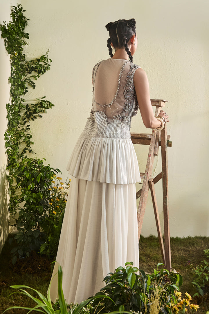 Embellished Ivory Chiffon Tunic With Wide Legged Sharara