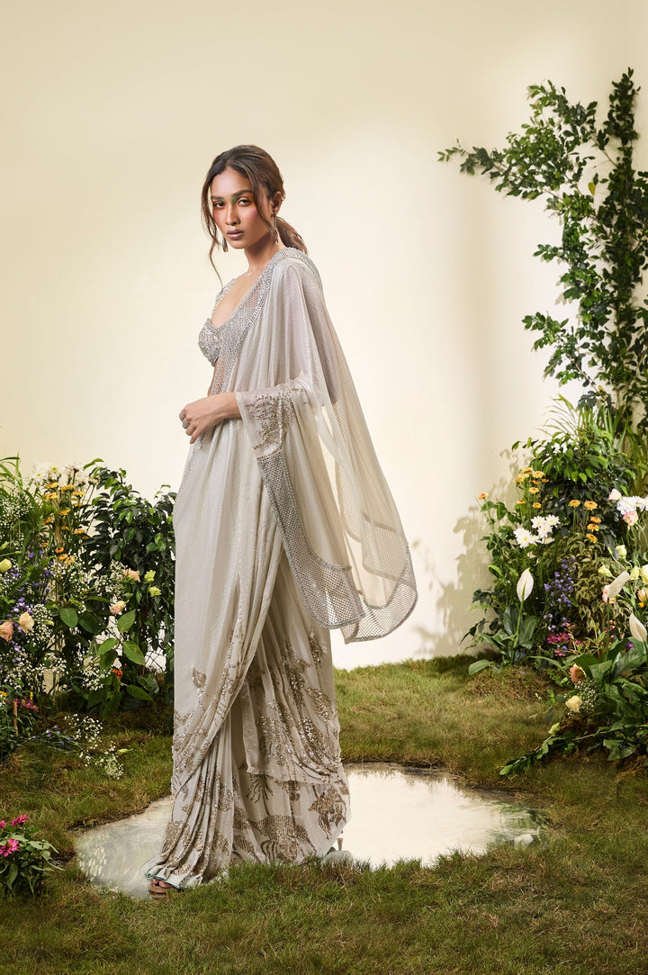 Ivory Chiffon Chiffon Saree With Beaded Blouse (Pre-Stitched)