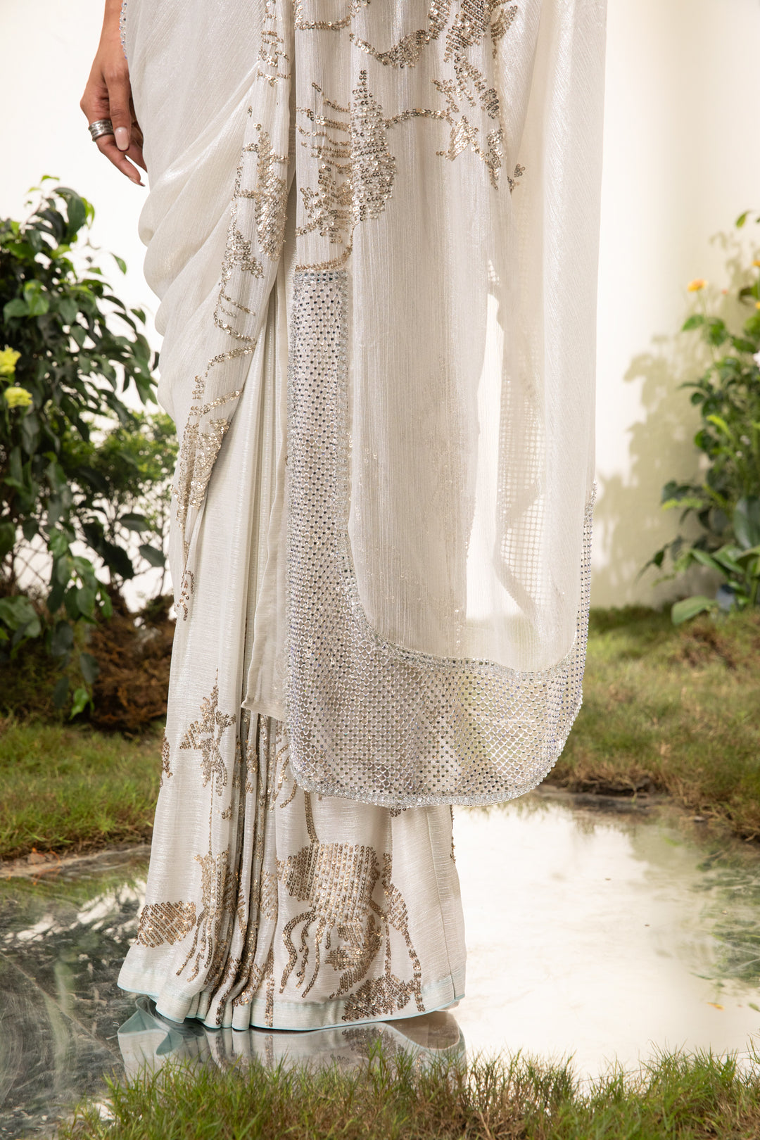 Ivory Chiffon Chiffon Saree With Beaded Blouse (Pre-Stitched)