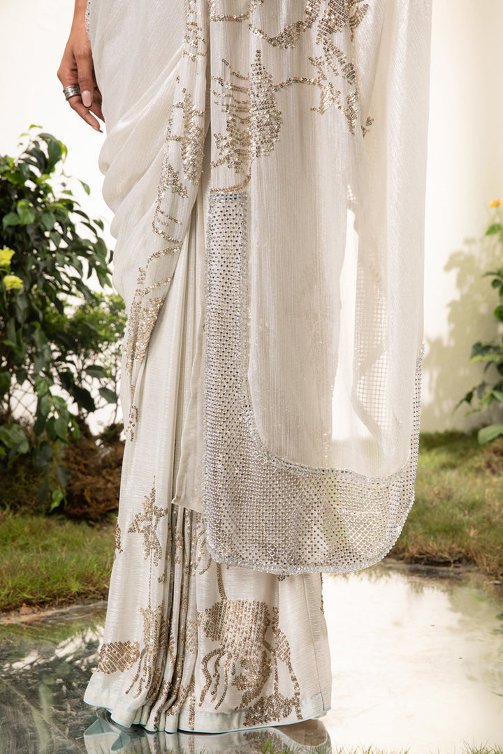 Ivory Chiffon Chiffon Saree With Beaded Blouse (Pre-Stitched)