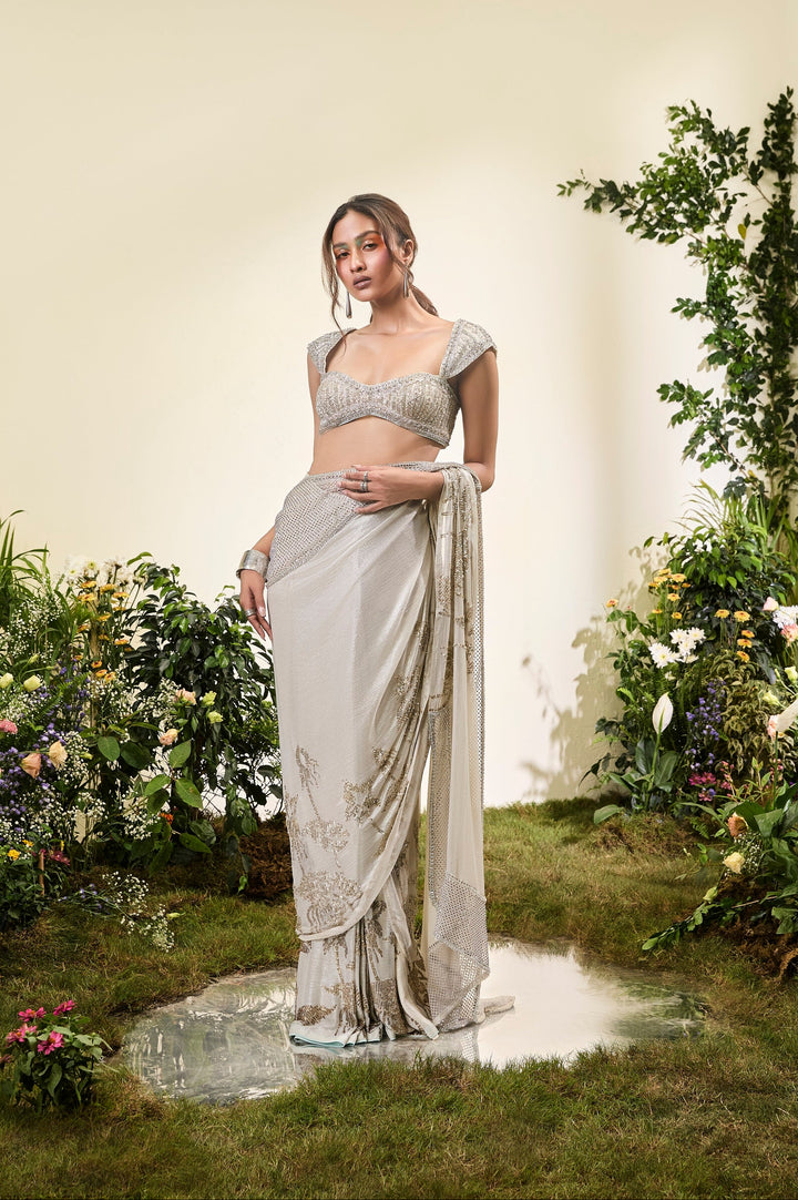 Ivory Chiffon Chiffon Saree With Beaded Blouse (Pre-Stitched)