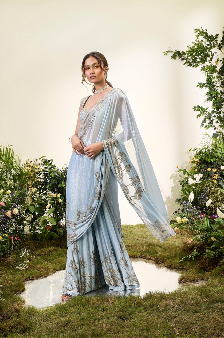 Powder Blue Chiffon Pant Saree With Beaded Blouse
