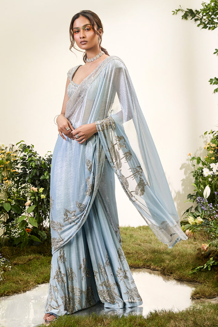 Powder Blue Chiffon Pant Saree With Beaded Blouse